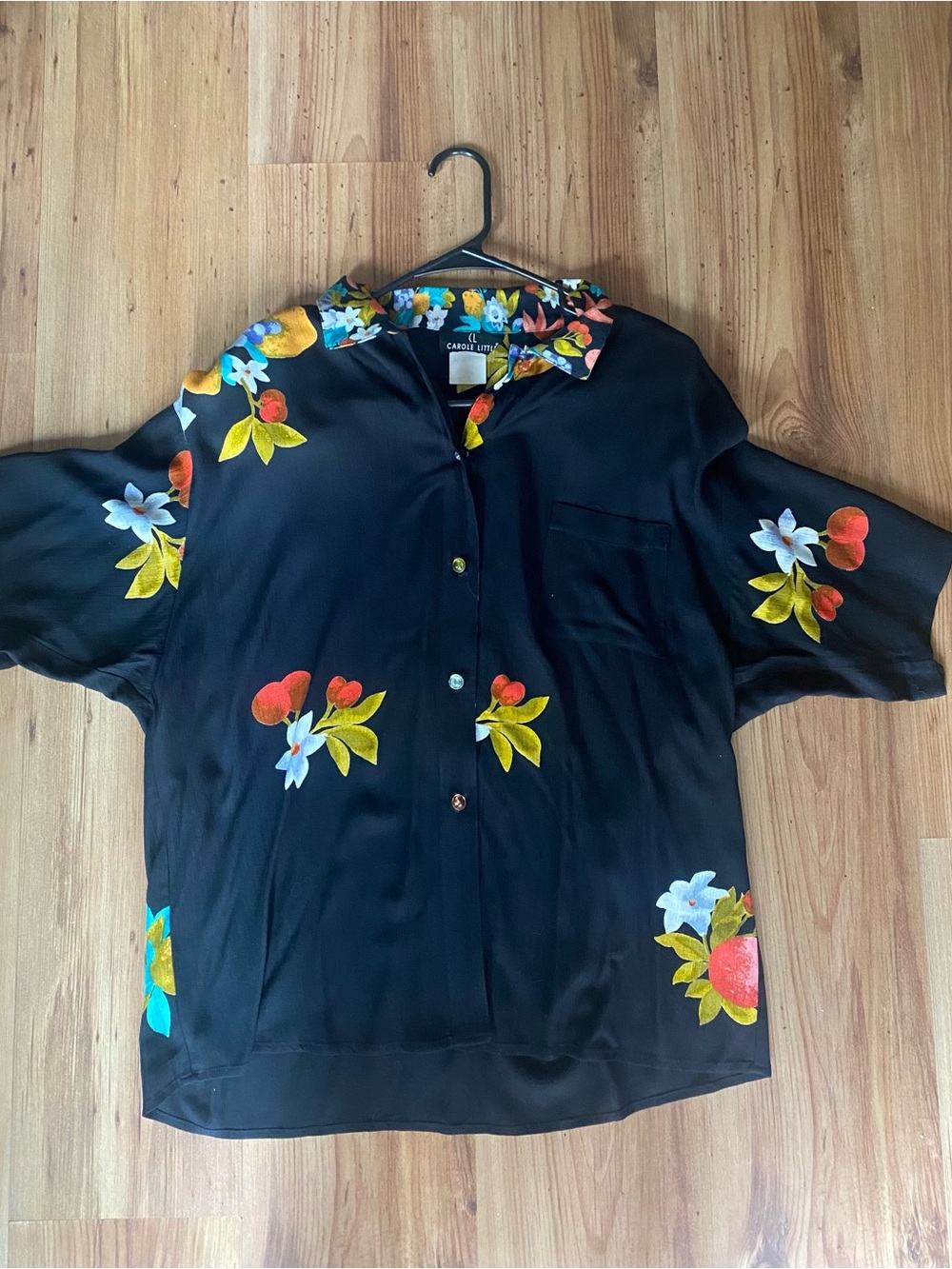 Carole Little  Womens Black Floral 2 piece Shirt and Skirt set made USA Sz M